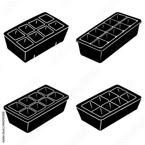 Four isometric ice cube trays with multiple compartments in a monochrome black and white illustration