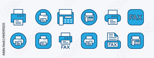 Set of printer, print, fax, icon vector. Contains office contact, document button, copy text, printout, paper page, printing machine technology, inkjet. Illustration