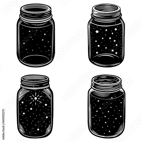 Four mason jars filled with stars and celestial bodies in a monochrome illustration style image