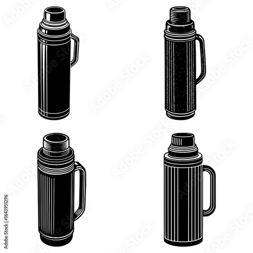 Four black and white illustrations of thermos bottles with handles in different styles and textures