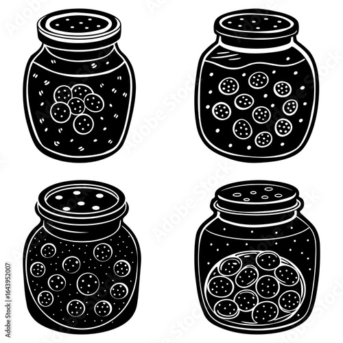 Four jars filled with preserved fruit in black and white line art style on a white background image design