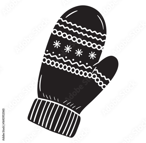 Black and white hand drawn winter mitten design with snowflake and decorative elements.