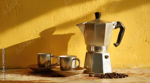 Sunlit stovetop espresso maker with two cups and coffee beans rests against a yellow wall