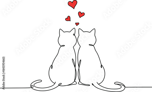 Romantic cat couple, minimalist line art, love hearts, Valentine's Day theme, pet lovers illustration, cute feline design, simple drawing, affectionate mood