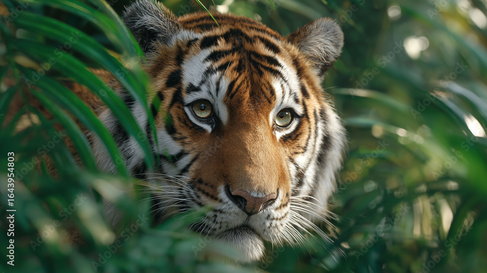 Fototapeta premium AI-generated image of a majestic Bengal tiger emerging from dense jungle foliage