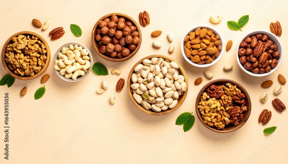 Obraz premium Assorted Nuts in Bowls with Green Leaves on Beige Background