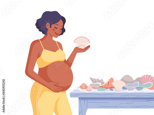 Joyful expectant mother holds a delicate seashell, surrounded by a vibrant collection of ocean treasures, embodying a serene moment of maternity and nature's beauty.