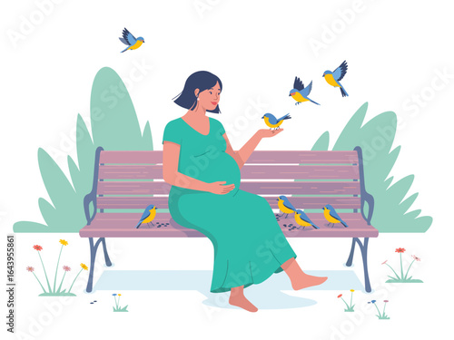 A serene pregnant woman sits on a park bench, surrounded by gentle birds. A flat vector illustration of motherhood and tranquility.
