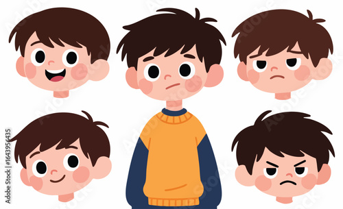 Cartoon Boy Showing Different Facial Expressions and Emotions