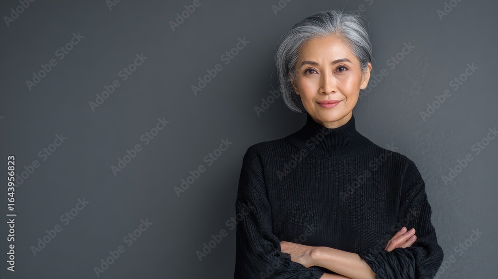© Johannes - stylish confident adult 50 years old asian female psychologist standing arms crossed looking at camera at gray background portrait of sophisticated grey hair woman advertising products and services n © Johannes - stylish confident adult 50 years old asian female psychologist standing arms crossed looking at camera at gray background portrait of sophisticated grey hair woman advertising products and services n