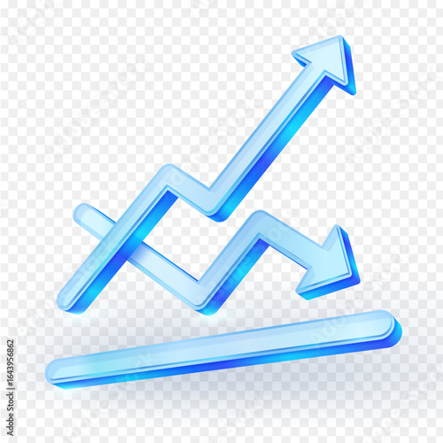 3D blue glass icon showing rising and falling arrows, symbolizing financial growth and decline, business trends and market analysis. Vector illustration.