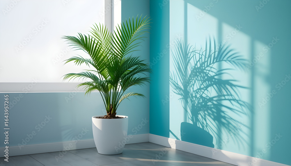Fototapeta premium Minimalist indoor decor featuring a lush green palm plant in a sleek white pot placed beside a large sunlit window. The turquoise wall creates a vibrant contrast, while the plant’s shadow adds depth a