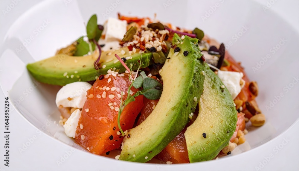 Fresh Avocado and Salmon Bowl with Colorful Vegetables and Seeds Fresh Avocado and Salmon Bowl with Colorful Vegetables and Seeds