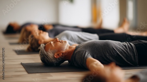 People relaxing in yoga class, lying down on mats indoors
