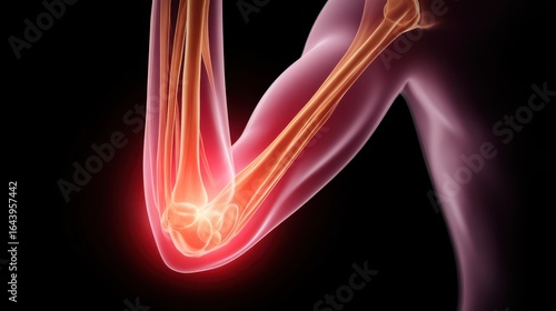 Elbow Joint Anatomy - A detailed illustration of the elbow joint, showcasing the bones and muscles involved. The image highlights the anatomical structure and function of the elbow.