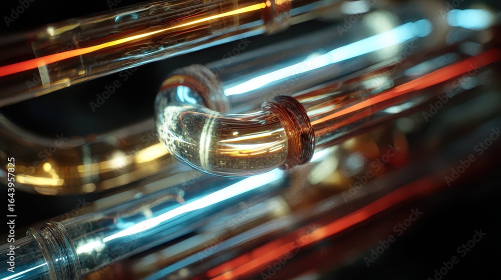 Naklejka premium Glowing Transparent Liquid Inside Pipes with Colorful Light Reflections