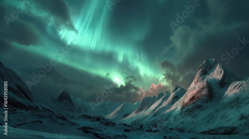 Glowing Northern Lights Over Snowy Mountains at Night