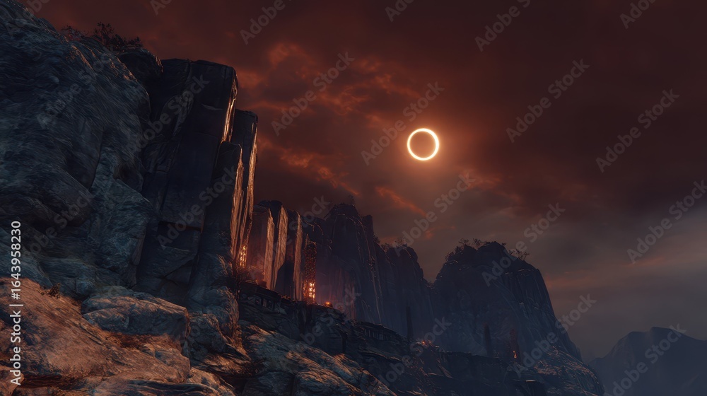 Fototapeta premium Glowing Runes on Cliffs Under an Eclipse with Dramatic Sky