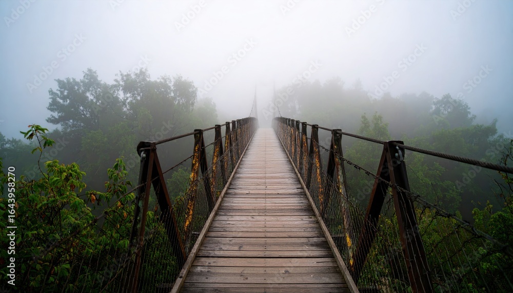 Obraz premium Long Suspension Bridge Emerging from Dense Fog in Serene Landscape