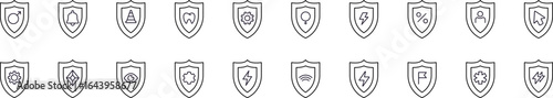 Shield Related Outline Symbol Set. Contains Icons of Items in Armor for Graphic Design, Web Sites, Cards, Books, Articles