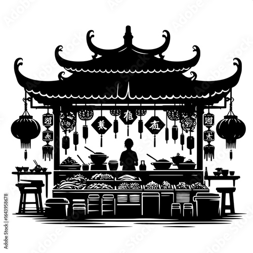 Minimal Silhouette of a Chinese Street Market Stall