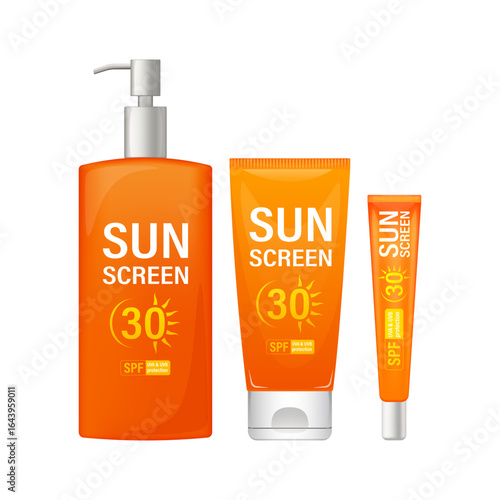 Sunscreen bottles and tube assuring uva and uvb sun protection