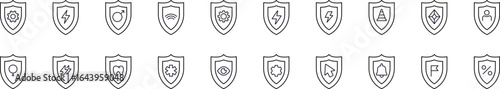 Shield Related Simple Sign Set. Contains Icons of Items in Armor for Graphic Design, Web Sites, Cards, Books, Articles