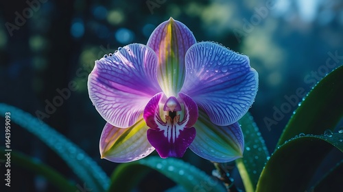 Dew drops on a vibrant purple and yellow striped orchid flower in soft light image photo