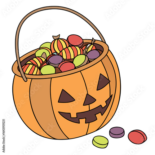 A pumpkin bucket filled with candy isolated on white background is perfect for halloween designs and illustrations