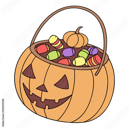 A pumpkin bucket overflowing with colorful candies and a small pumpkin isolated on white background