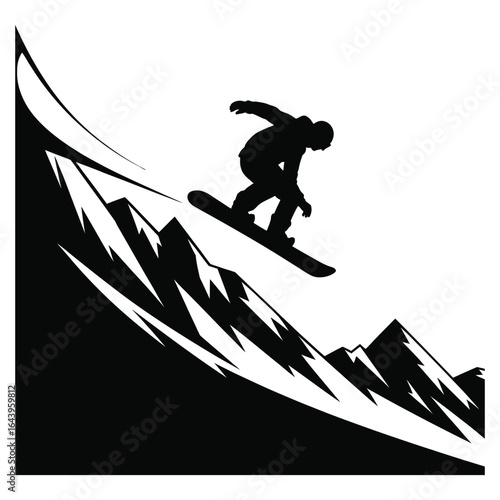 Snowboarder and mountain landscape silhouette winter adventure sports scene black vector isolated on white