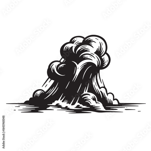 A stylized black and white illustration of a turbulent sea wave or cloud