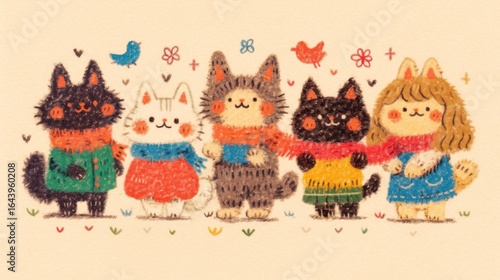 Cute animal friends, wearing scarves, in illustration