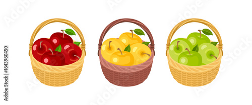 Apples in wicker baskets. Set of yellow, green and red apples. Vector cartoon flat illustration. Fruit Harvest icon.