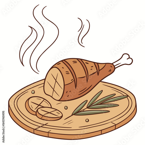 Illustration of a roasted turkey leg with rosemary on a wooden board isolated on white background