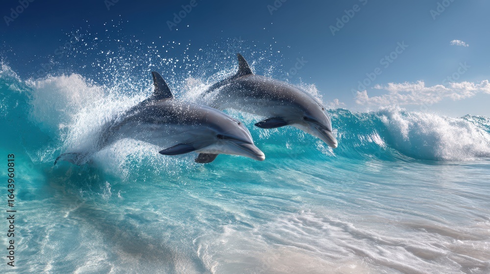 Fototapeta premium Happy Dolphins Jumping in Crystal Clear Ocean Waves