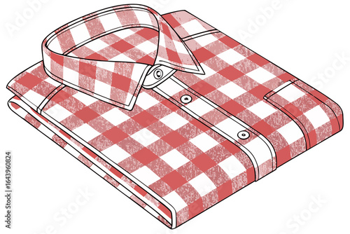 Folded red and white gingham patterned button down shirt isolated on white background