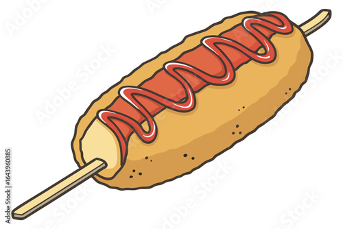 Cartoon illustration of a corn dog with ketchup drizzle isolated on white background