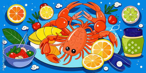 Seamless pattern vector illustration with funny cartoon insects, crabs, and shrimps on a backdrop of fruits and vegetables