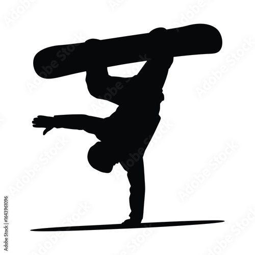 Snowboarder handstand trick silhouette freestyle stunt bold black vector for extreme sports art isolated on white