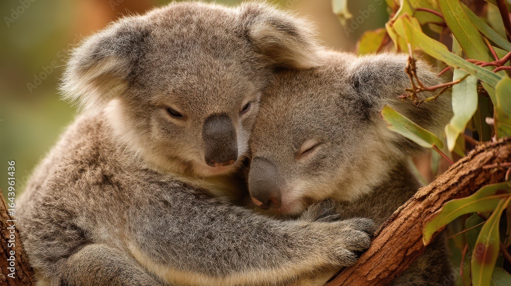 Naklejka premium Happy Koalas Cuddling on Eucalyptus Trees in Natural Habitat