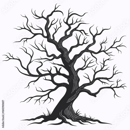 Silhouette of a bare tree with branches and roots isolated on white background for halloween or autumn season