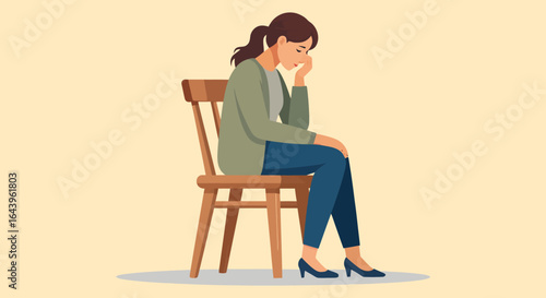 A Woman Deep in Thought Sitting on Wooden Chair Feeling Sad.