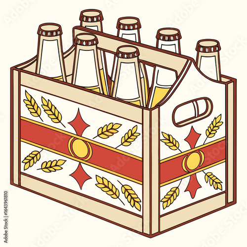 Six pack of beer bottles in a wooden crate isolated on white background, perfect for a party or celebration