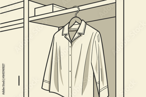 Illustration of a white collared shirt with buttons hanging on a hanger inside a closet isolated on white background