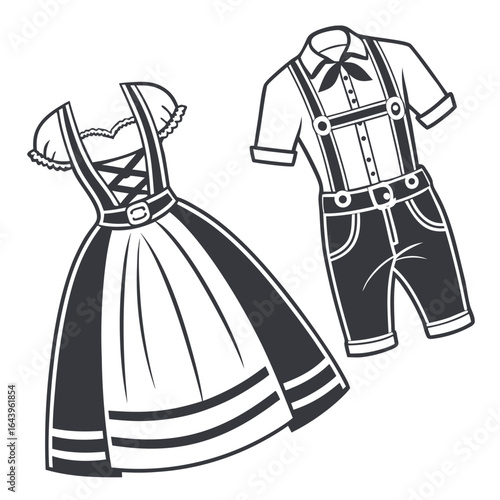 Traditional bavarian costumes isolated on white background, dirndl and lederhosen for oktoberfest celebration