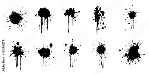 Black ink splatter isolated on white background. Grunge spray drop spatter, dirty blot splatters and splat.