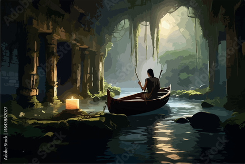 A glowing relic from antiquity floats silently above a moss-lined creek deep in the jungle, as a lone wanderer studies it within the ruins, cinematic digital illustration .