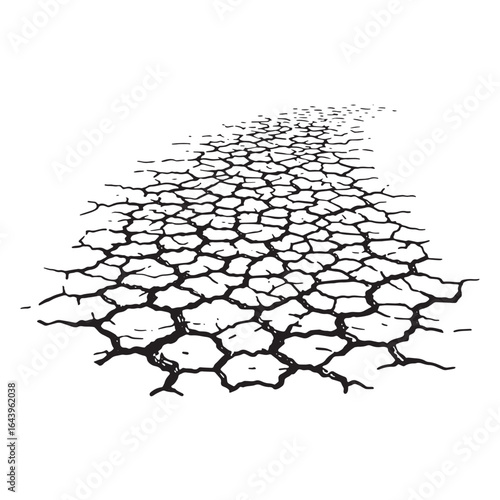 Black and white illustration of a cracked and parched earth ground surface texture.