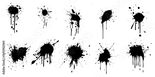 Black ink splatter set. Hand drawn spray design. Black ink splatter isolated on white background. Grunge spray drop spatter, dirty blot splatters and splat.